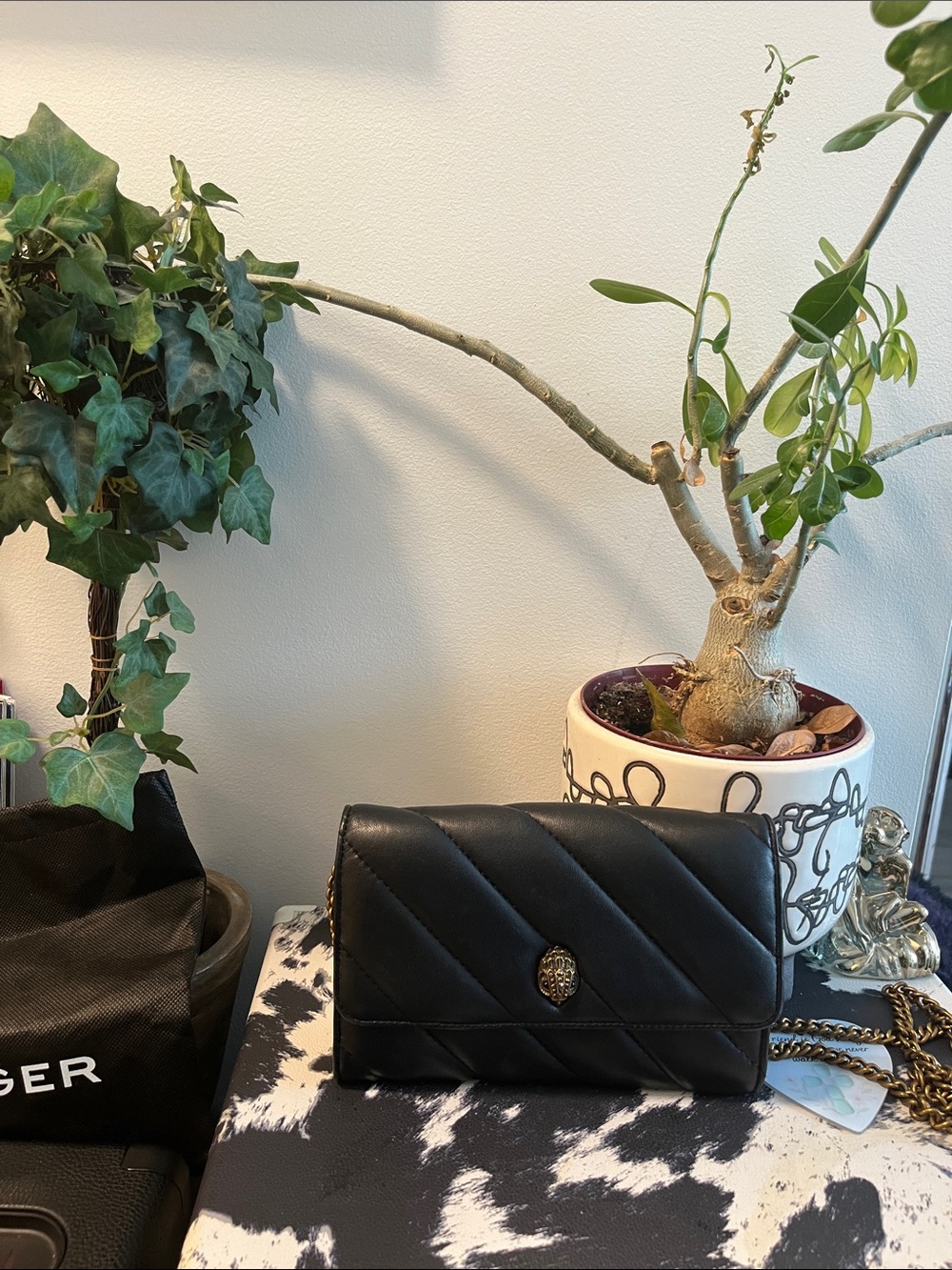 Kurt Geiger Black Quilted Crossbody Wallet with Gold-Tone Chain